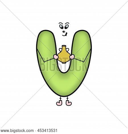 Funny Letterv. Vase. Children's Cheerful Alphabet. Cartoon Cute Letter Isolated On White. Cartoon Fu