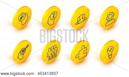 Set Line Light Bulb And Check Mark, Piece Of Puzzle, Users Group, Head Hunting Concept, Human With G