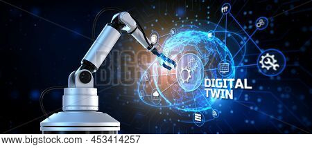 Digital Twin Industrial Technology And Manufacturing Automation Technology. 3d Render Cobot Robotic 