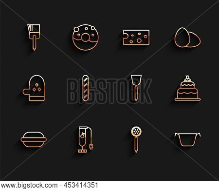 Set Line Macaron Cookie, Blender, Kitchen Brush, Strainer Spoon, Cooking Pot, French Baguette Bread,