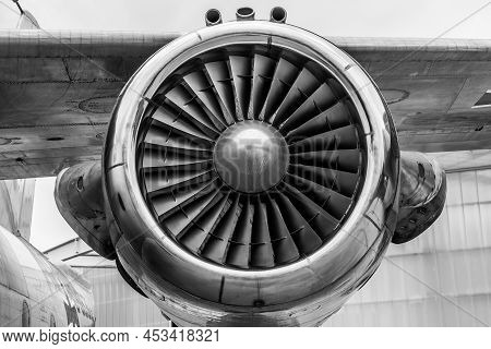 Airplane Wing With Engine, View Under The Plane During Flight Service