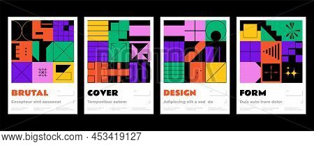 Brutalist Vertical Covers, Brutalist Posters. Set Of Abstract Geometric Futuristic Figures With A Th