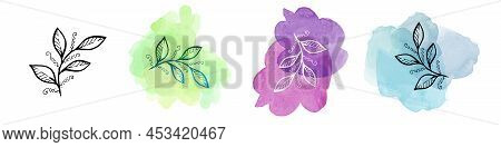 Set Tropical Leave On Watercolor Blot. Provence Illustration. Laurel Leave. Set Illustration On Whit