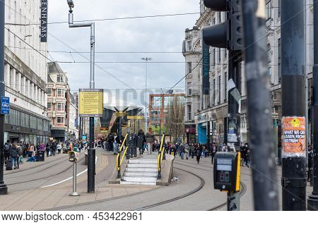 Manchester, England, Uk - 13 April, 2022 City Centre Of Manchester During Springtime. Tram Station N