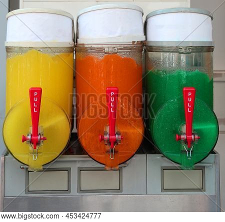 Ice Slush Dispenser With Three Refreshing Flavors On Sale In The Summer Kiosk
