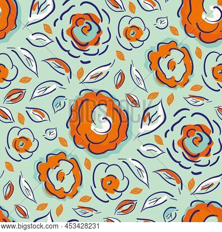 Modern Peony Blossom And Leaves Vector Seamless Pattern Background. Cottage Flower Blue Orange Backd
