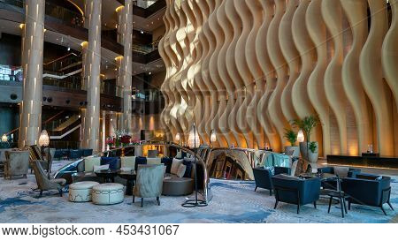 Abu Dhabi, United Arab Emirates - February 2022: Interior Scene From Hotel Lobby In Grand Hyatt Hote