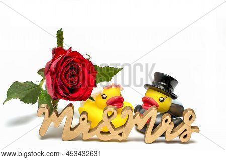 A Couple Yellow Plastic Toy Ducks On White Background As Bride And Groom At Wedding Behind Golden Wo