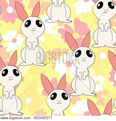 Seamless Pattern With Silhouette Easter Rabbits On Color Background. Design For Card, Postcard, Wall