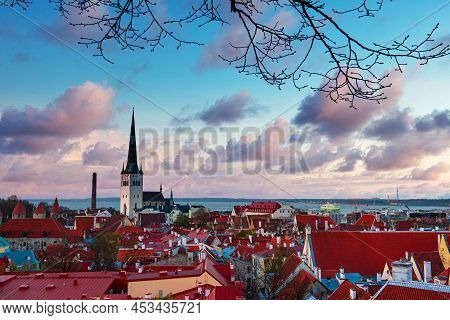 Beautiful View To The Old Rown Of Tallinn From The City Wall At Sunset