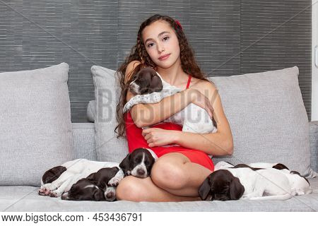 Beautiful Young Girl Dressed In Red With Her Small French Braque Puppy