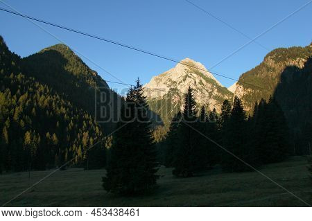 The View Of A Mountain Massif At Sunrise Through Green Forest. Malga Ciapela, Veneto, Italy.