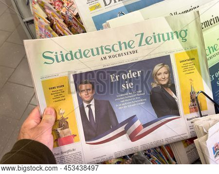 Frankfurt, Germany - April 23, 2022: A Day Before Election In France, Headline With French President