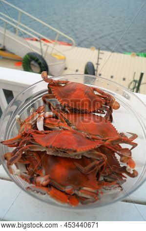 Freshly Cooked Whole Crabs Rest In A Bowl Dockside In A Typical Outdoor Summer Scene Representing Co