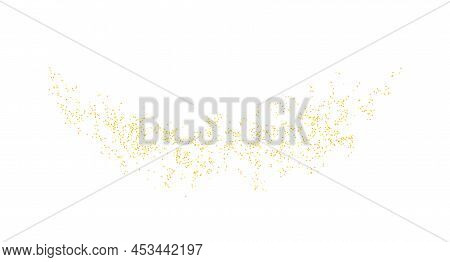 Arc Backdrop Plume Golden Texture Crumbs. Gold Dust Scattering Isolated On White. Sand Particles Gra