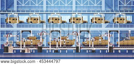 Armoured Personnel Carrier Apc And Tanks On Assembly Conveyor Line With Robot Arms Special Battle Tr