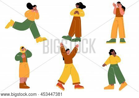 Frightened Women, Startled Female Characters Scream, Yell, Escape Danger. Diverse Scared Girls Afrai