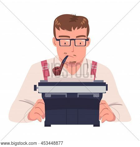 Man Writer Character At Typewriter With Smoking Pipe Writing Book Engaged In Creative Literary Work 