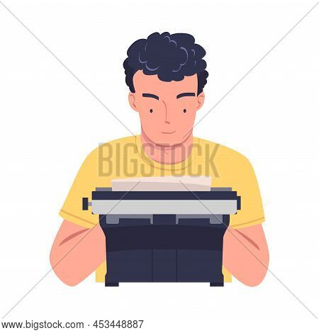 Man Writer Character At Typewriter Writing Book Engaged In Creative Literary Work Vector Illustratio