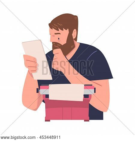 Bearded Man Writer Character At Typewriter Reading Paper Sheet Engaged In Creative Literary Work Vec