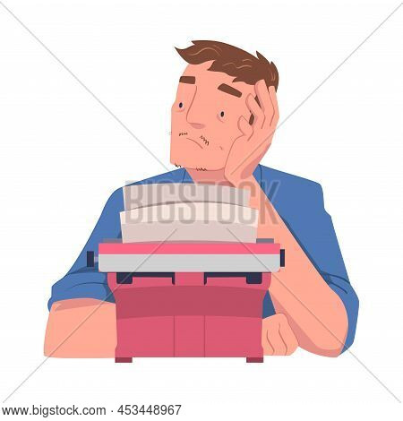 Man Writer Character At Typewriter Writing Book Engaged In Creative Literary Work Vector Illustratio