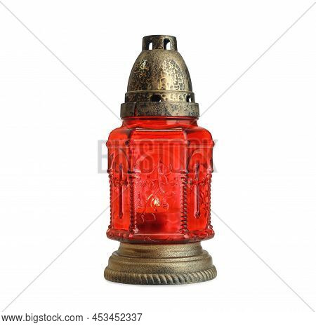 Red Grave Light With Burning Candle Isolated On White. Symbol Of Remembrance
