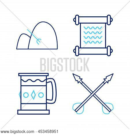 Set Line Medieval Crossed Arrows, Wooden Mug, Decree, Parchment, Scroll And Bale Of Hay And Rake Ico