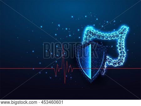 Futuristic Abdomen Health Protection, Healthy Digestion Concept With Glowing Intestine And Shield