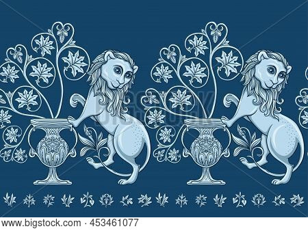 Byzantine Traditional Historical Motifs Of Animals, Birds, Flowers And Plants Seamless Border Patter