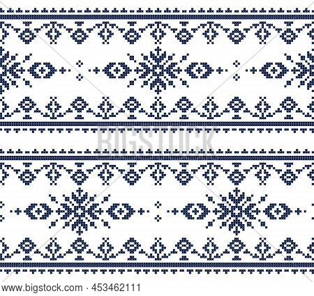 Zmijanski Vez Traditional Vector Seamless Pattern With Navy Blue Cross-stitch Motif - Retro Design I