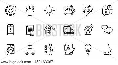 Outline Set Of Confirmed, Working Process And Swipe Up Line Icons For Web Application. Talk, Informa