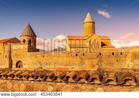 Sunset Panorama Of Alaverdi Georgian Eastern Orthodox Monastery In Kakhetia Region In Eastern Georgi