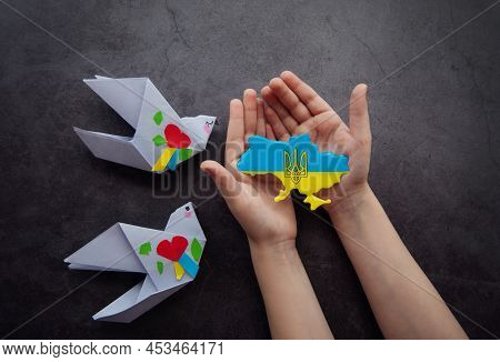 Hands Holding The Shape Of Ukraine Border With Color Flag And Paper Birds. Stand With Ukraine.