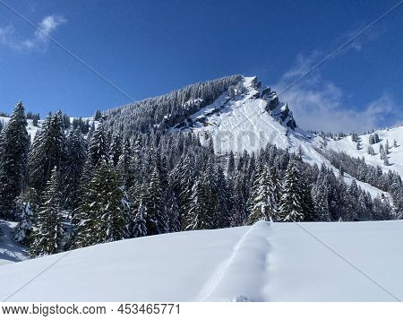 Fairytale Alpine Winter Atmosphere And Snow-capped Alpine Peak Stockberg (1781 M) In The Alpstein Mo