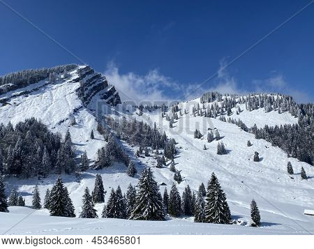 Fairytale Alpine Winter Atmosphere And Snow-capped Alpine Peak Stockberg (1781 M) In The Alpstein Mo