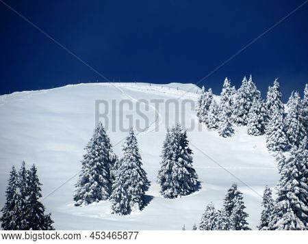 Fairytale Alpine Winter Atmosphere And Snow-capped Alpine Peak Stockberg (1781 M) In The Alpstein Mo