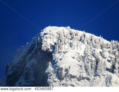 Fairytale Alpine Winter Atmosphere And Snow-capped Alpine Peak Stockberg (1781 M) In The Alpstein Mo
