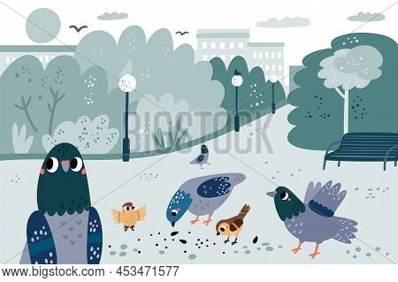 Pigeons In Park. Cute Street Doves And Sparrows Pecking Grain. City Birds Eating Seeds. Urban Bench,