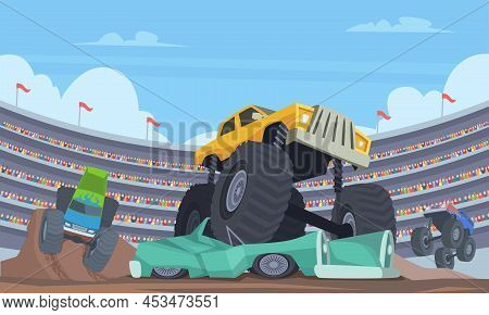 Jumping Monster Truck. Sport Car With Big Wheels On Arena Aggressive Adult Game Speed Transport Exac