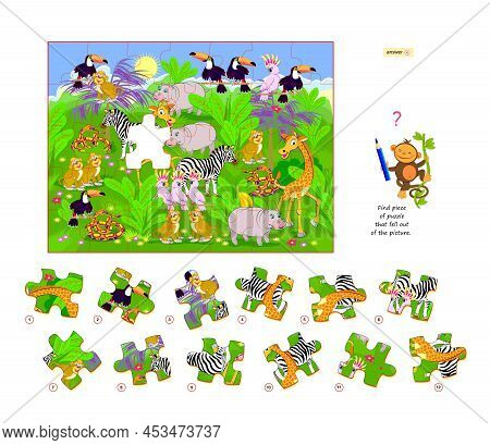 Logic Game For Children And Adults. Find Piece Of Puzzle That Fell Out Of Picture. Printable Page Fo