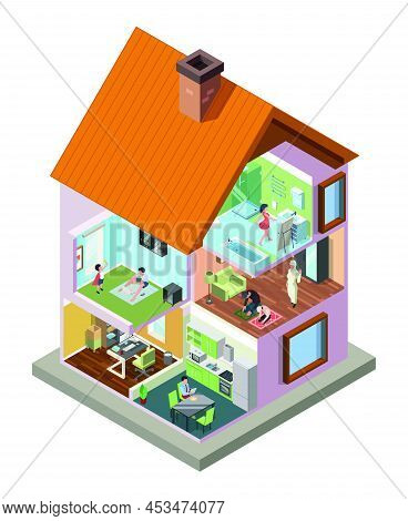 Building With Neighbors. Multistory Building Various Stages With People Living Rooms Crossection Gar