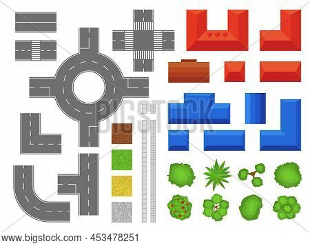 Street Elements Map Top View. Urban Objects, Buildings And Houses With Roofs. Park Trees And Shrubs.