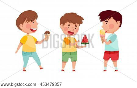 Cute Kids Eating Ice Cream. Happy Little Boys Feeling Happy With Their Ice Cream Cartoon Vector Illu
