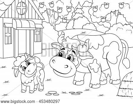 Agricultural Yard. Cow And Calf. Children Coloring Book.