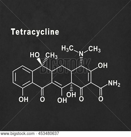 Tetracycline Antibiotic, Structural Chemical Formula White On Black Background