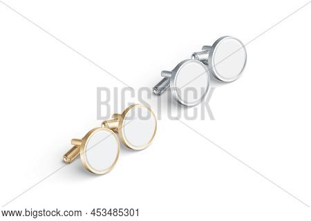 Blank Round Gold And Silver Cufflinks Toggle Mockup Pair, Isolated, 3d Rendering. Empty Elegant Clas