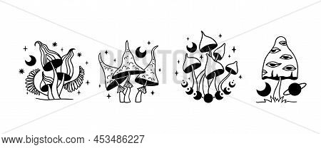 Mystical Space Mushroom And Moon Isolated Clip Art Bundle, Hand Drawn Line Celestial Mushrooms, Moon