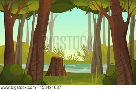 Forest Landscape Or Natural Scape, Vector Background Or Banner. Spring Or Summer Wood With Green Tre