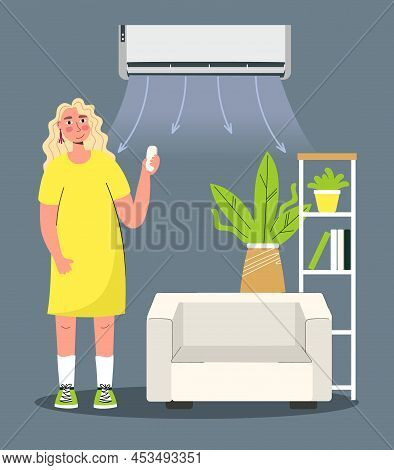 Girl Under The Air Conditioner Enjoys The Coolness Of Heating Ventilation And Air Conditioning Vecto