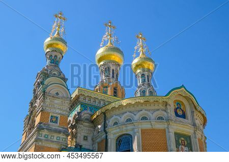 3 Golden Towers With Golden Crosses Of Russian Chapel At Mathildenhoehe Darmstadt Against Blue Sky